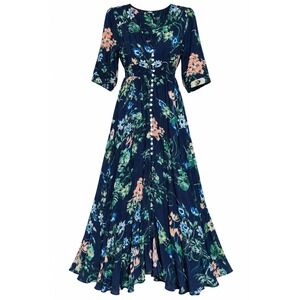 Womens Medium Navy Floral Maxi Dress Button Front Smocked Waist V Neck